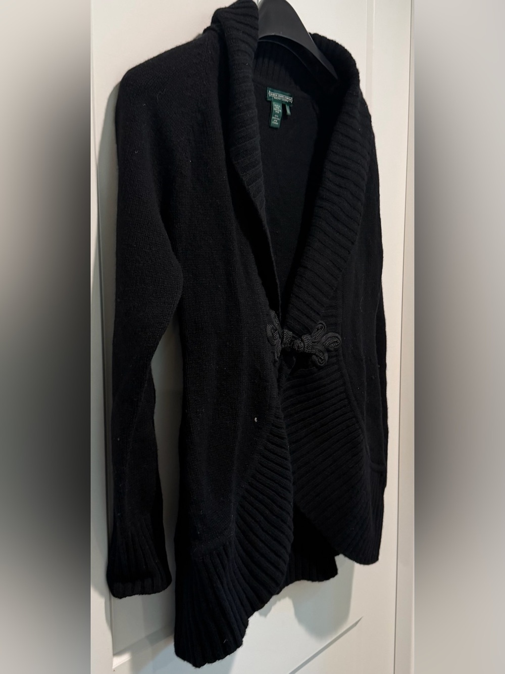 Lauren Ralph Lauren Black 100% Lambswool Shawl Collar Cardigan XS Frog Closure - Picture 3 of 9